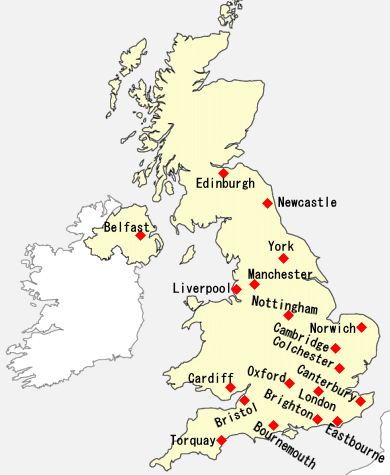 英国概略図--当イギリス留学サイトの語学学校掲載主要都市分布図